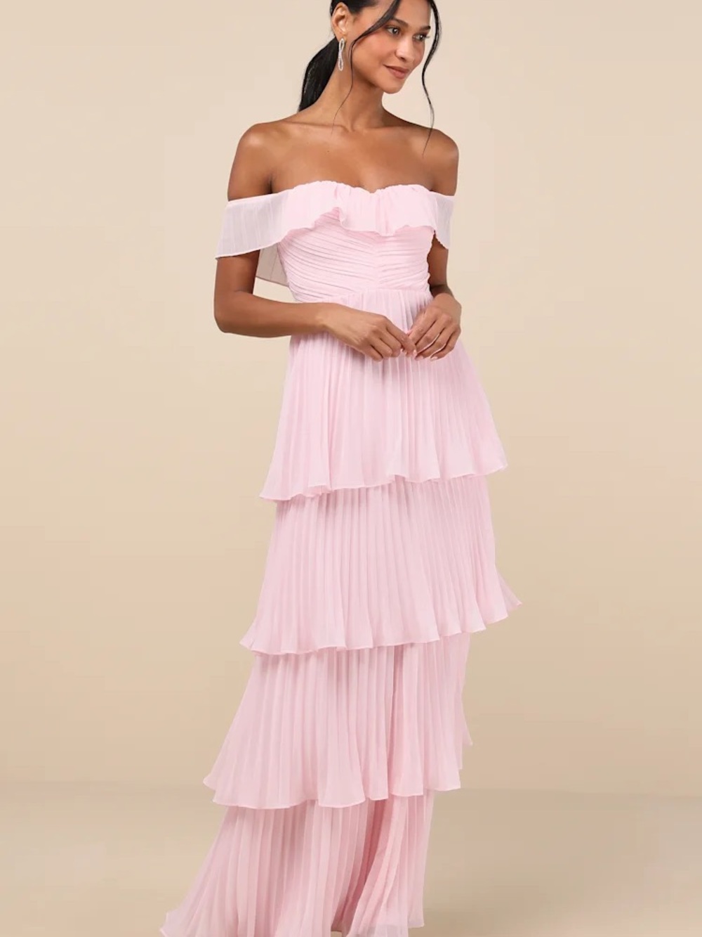Lulu's Always Remarkable Pink Pleated Off-the-Shoulder Maxi Dress